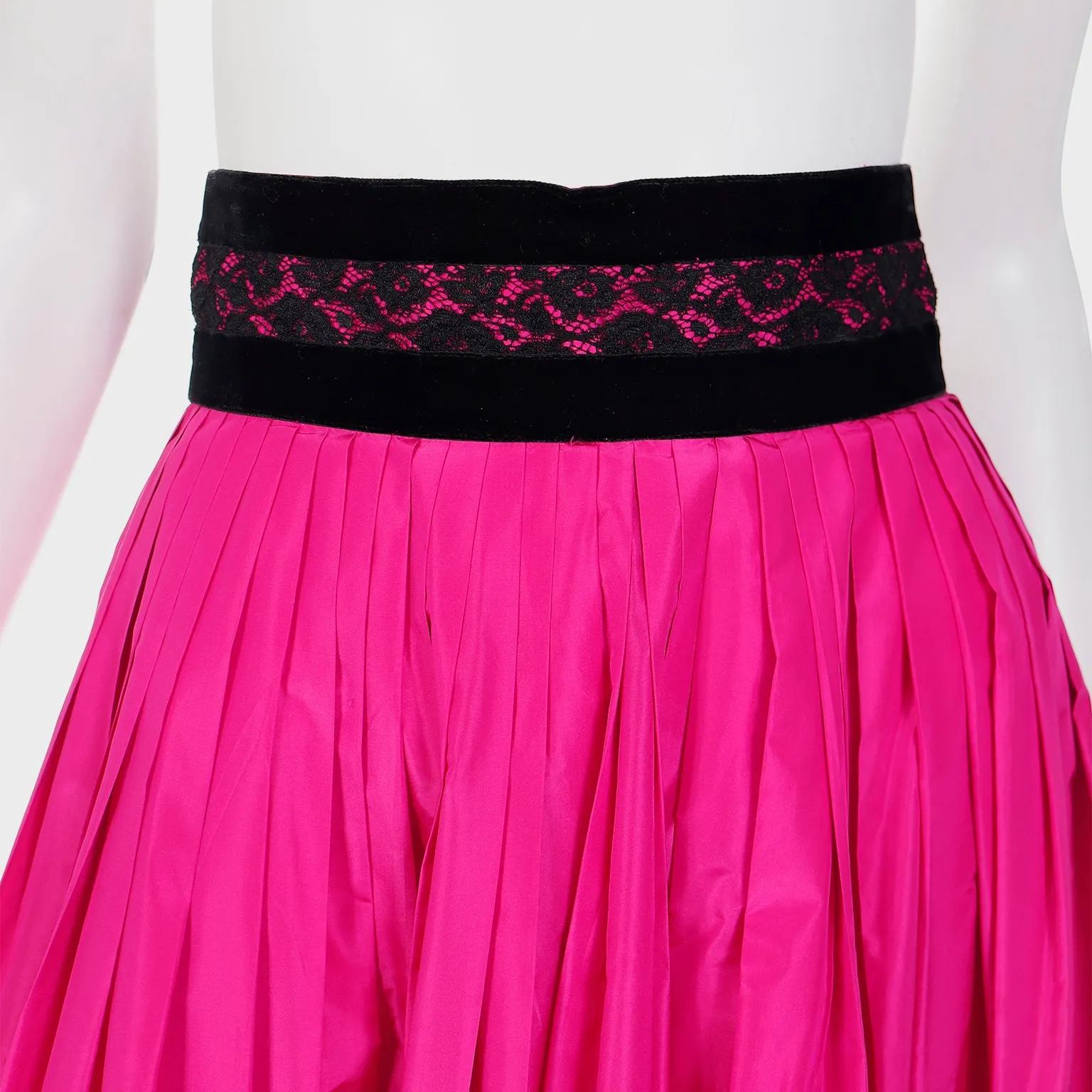 1980s Oscar de la Renta Pink Silk Taffeta Maxi Skirt with Black Velvet & Lace