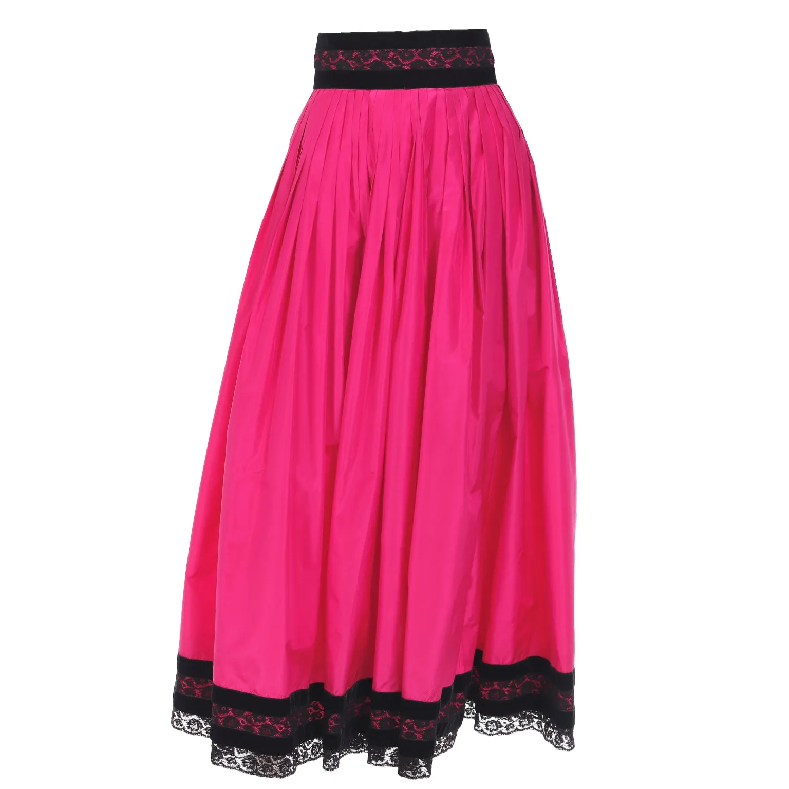 1980s Oscar de la Renta Pink Silk Taffeta Maxi Skirt with Black Velvet & Lace