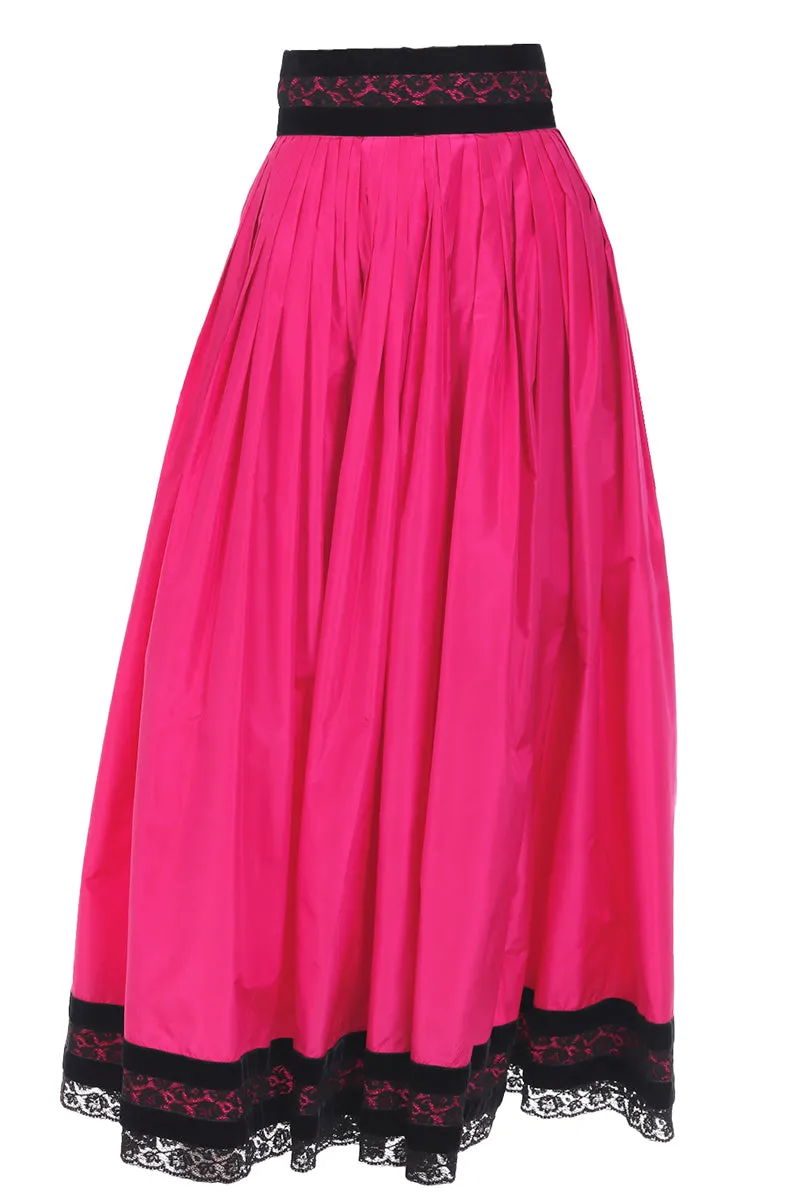 1980s Oscar de la Renta Pink Silk Taffeta Maxi Skirt with Black Velvet & Lace