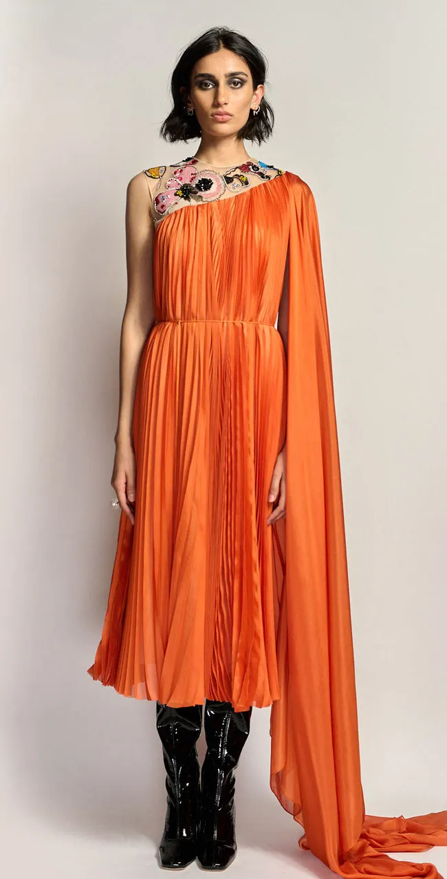 Amaryllis Embroidered Silk Chiffon Pleated Cocktail Dress with Cape Detail and Self Belt