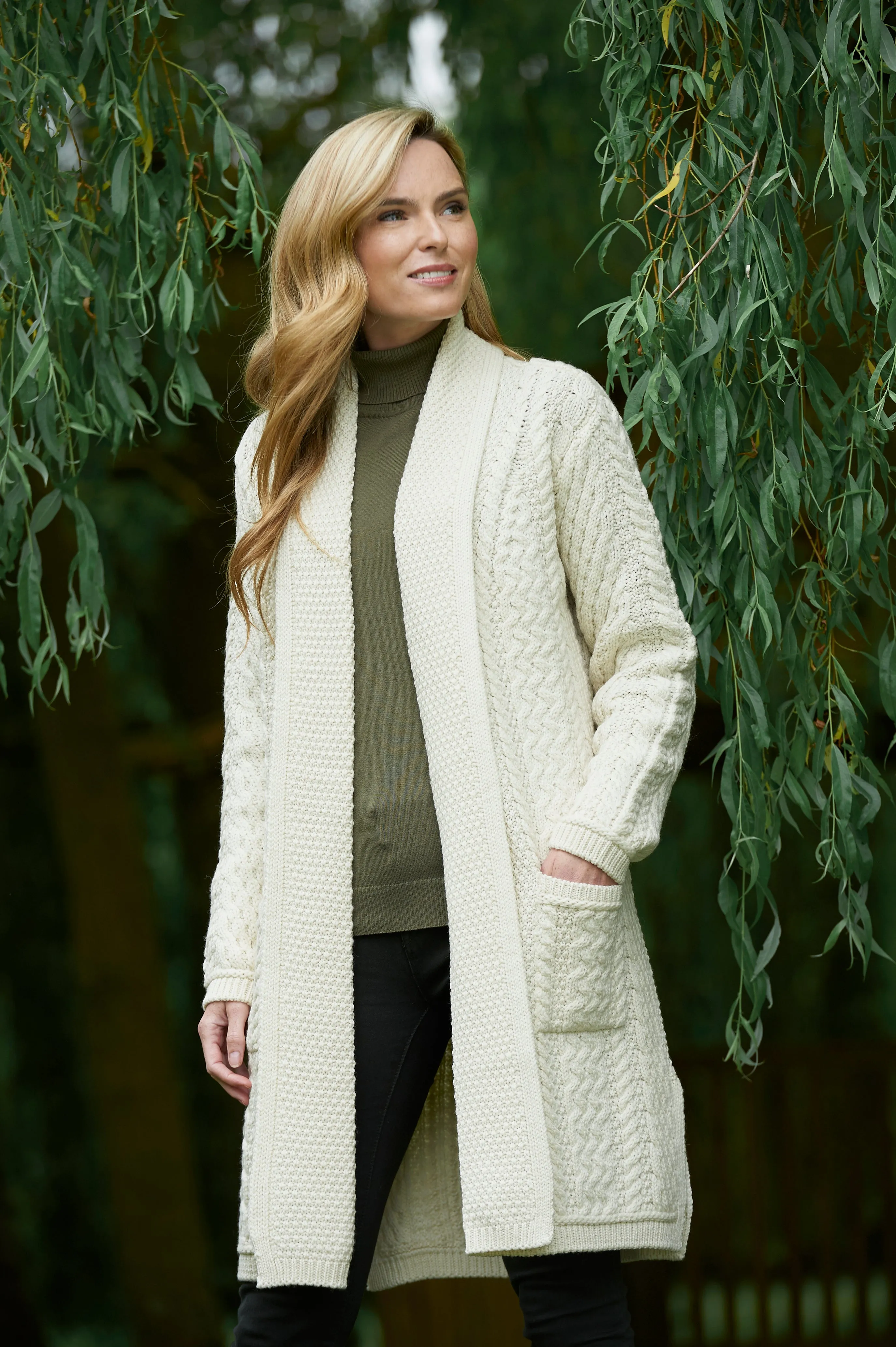 ARAN SHAWL CARDIGAN WITH EDGE TO EDGE DRAPE FRONT