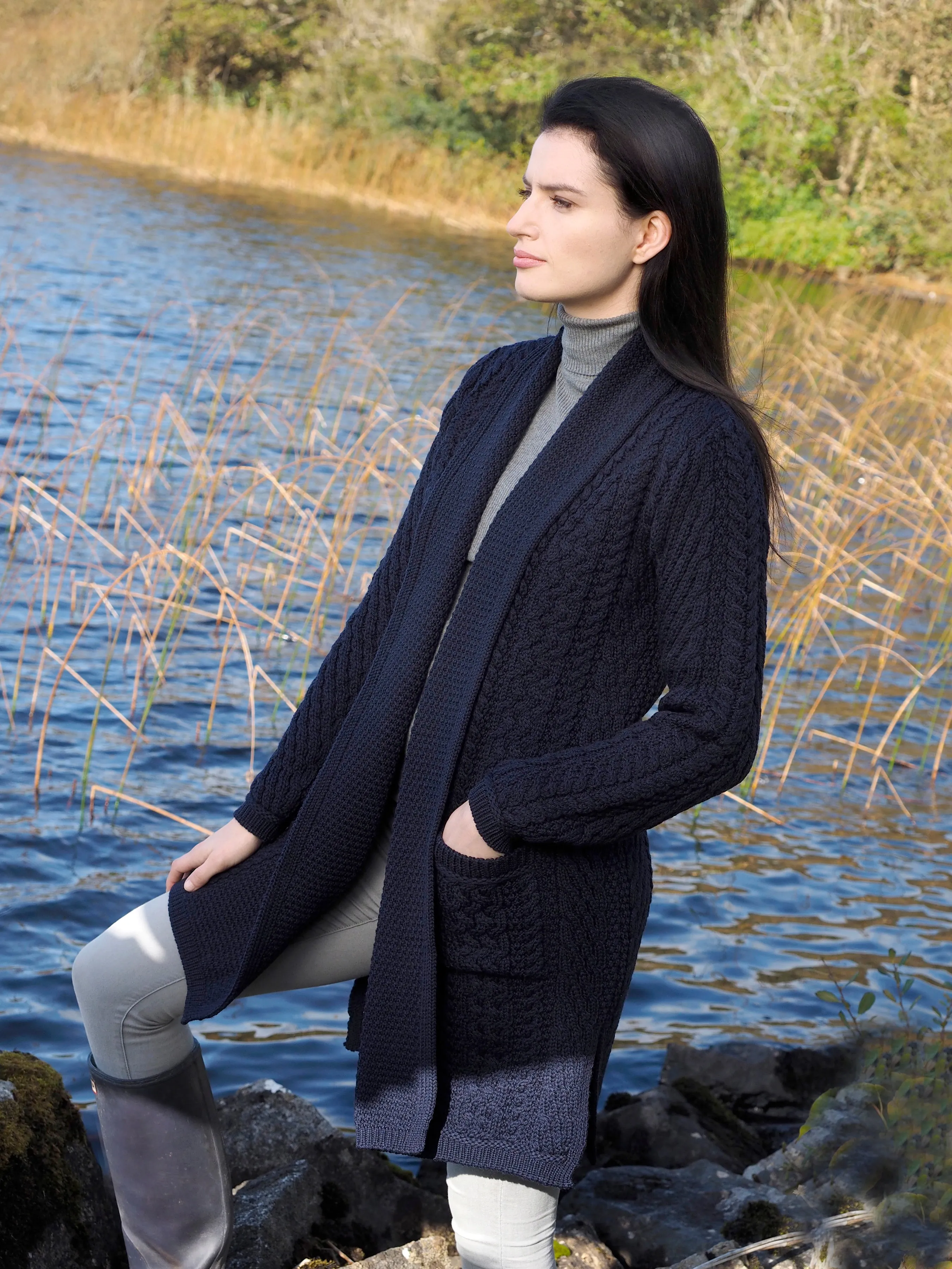 ARAN SHAWL CARDIGAN WITH EDGE TO EDGE DRAPE FRONT