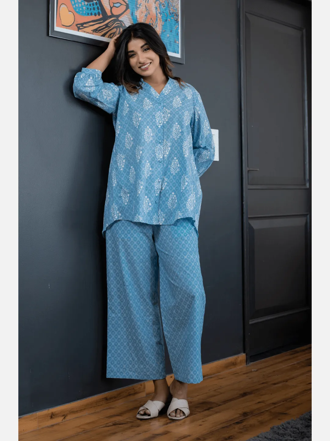 back pleated Sky Blue Pure Cotton Loungewear