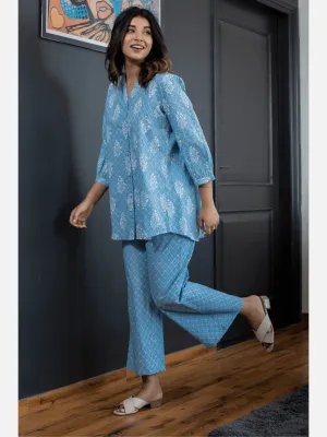 back pleated Sky Blue Pure Cotton Loungewear