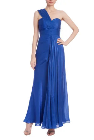 Badgley Mischka Draped One-Shoulder Pleated Chiffon Evening Gown