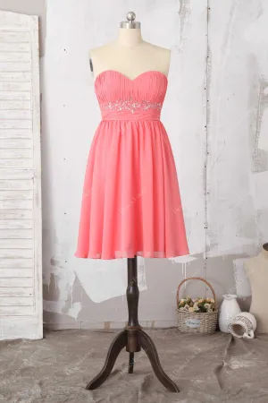 Beaded Pleated Watermelon Chiffon Short Cute Dress