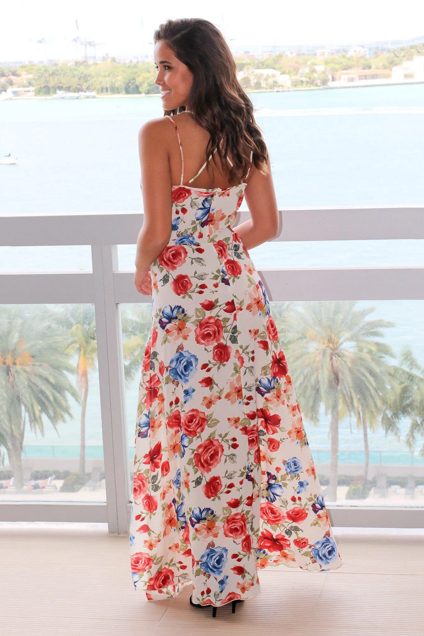 Beige Floral Maxi Dress with Criss Cross Back