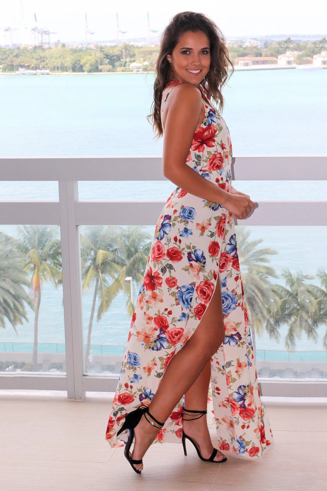 Beige Floral Maxi Dress with Criss Cross Back