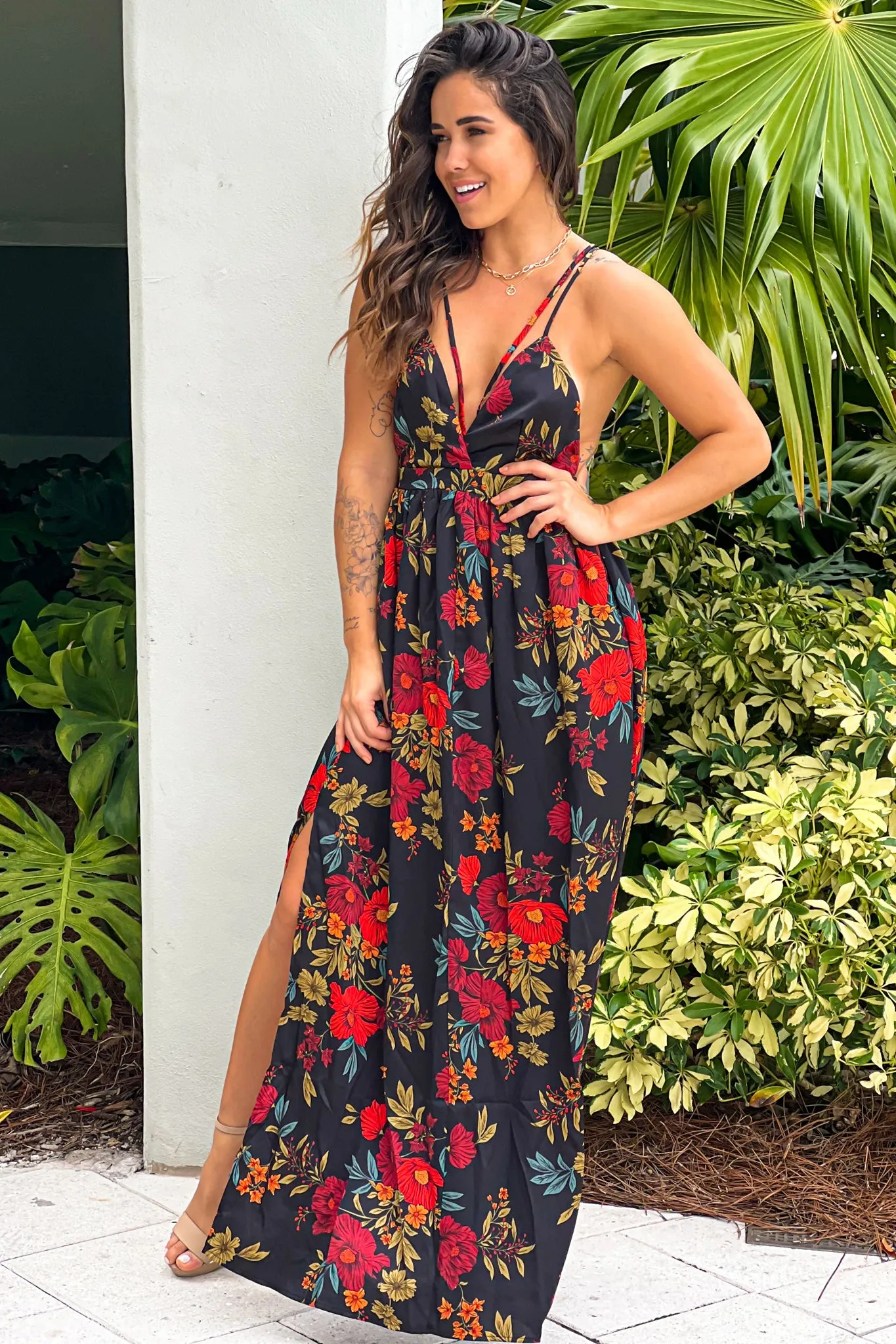 Black Floral Maxi Dress with Criss Cross Back And Slits