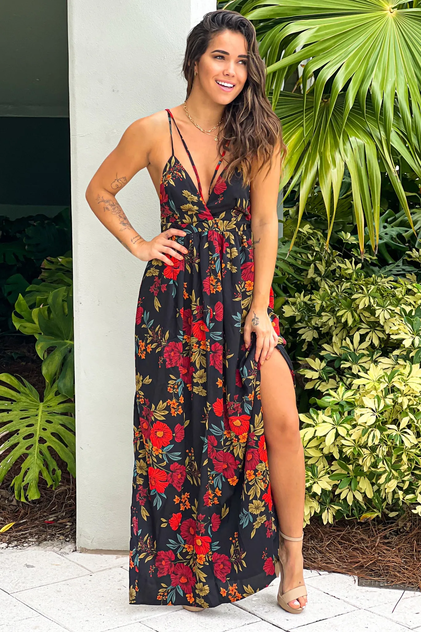 Black Floral Maxi Dress with Criss Cross Back And Slits