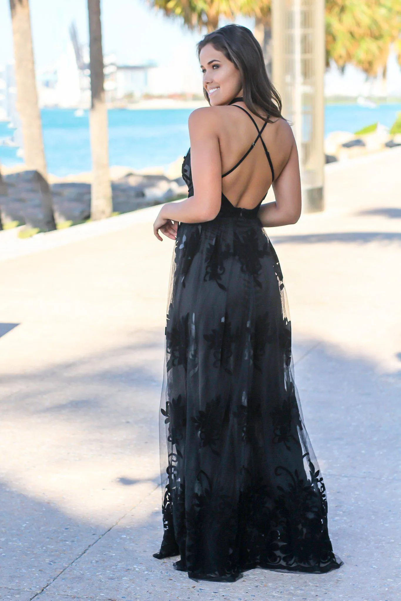 Black Floral Tulle Maxi Dress with Criss Cross Back