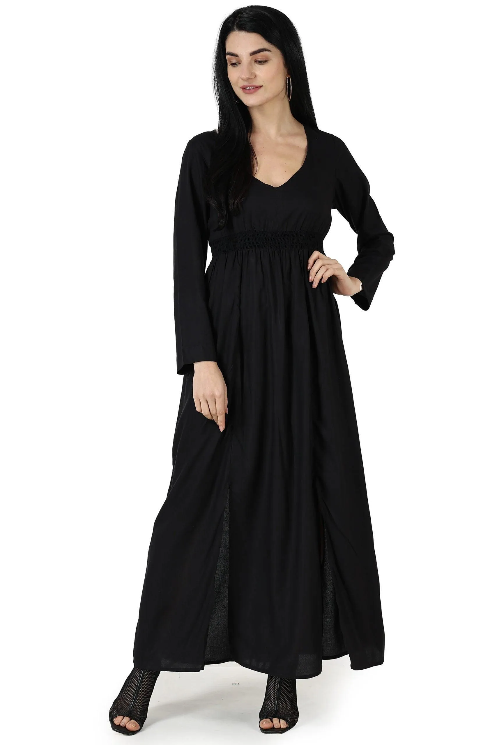 Black Solid Maxi Dress with Front Slits