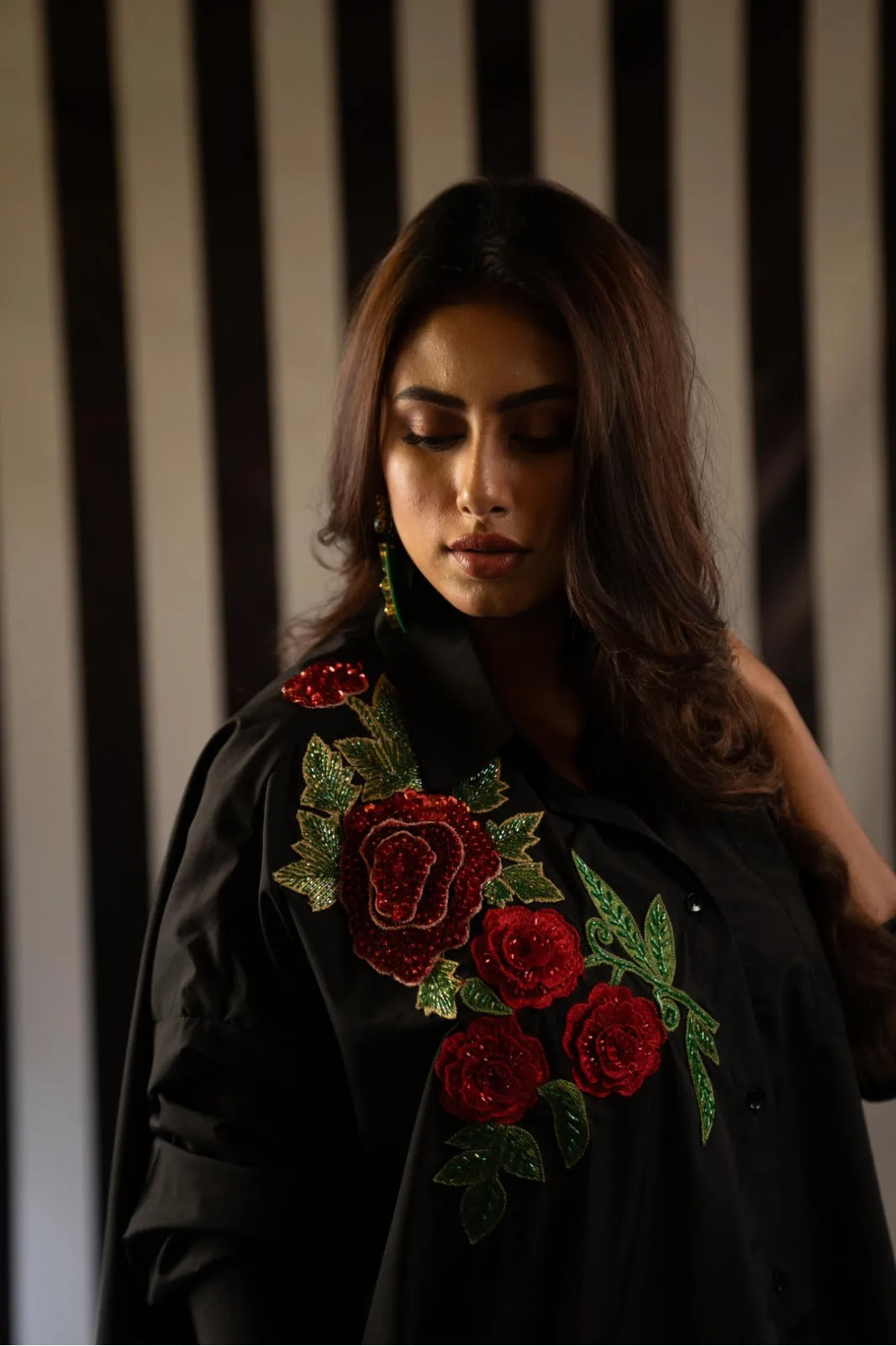 Blossom in Style: Black Rose Flare Shirt