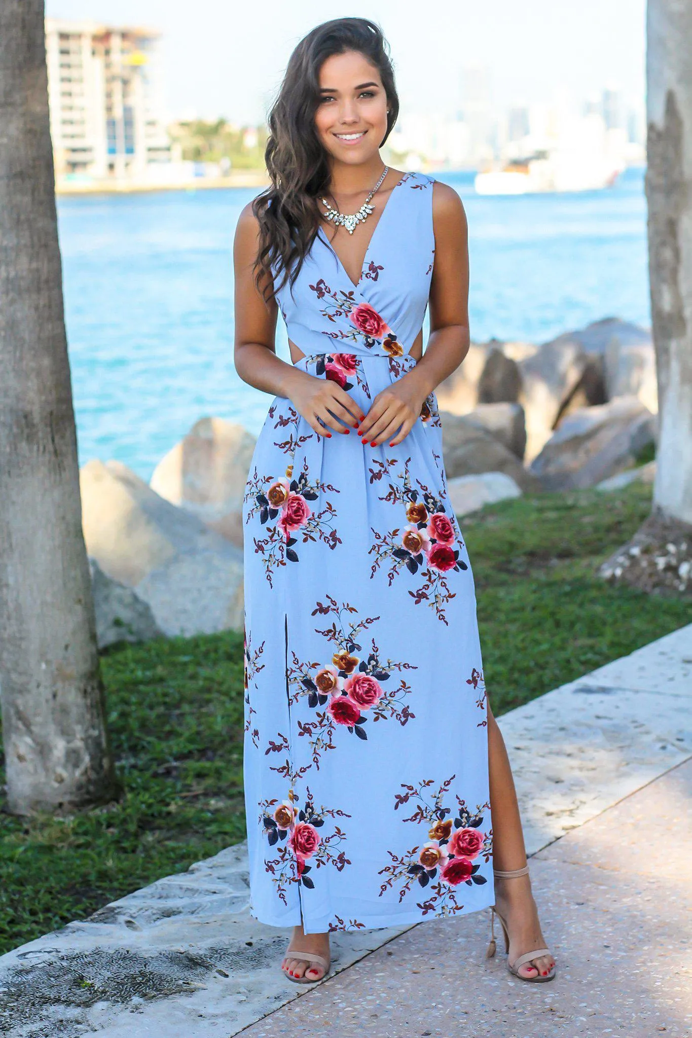 Blue Floral Maxi Dress with Cut Outs