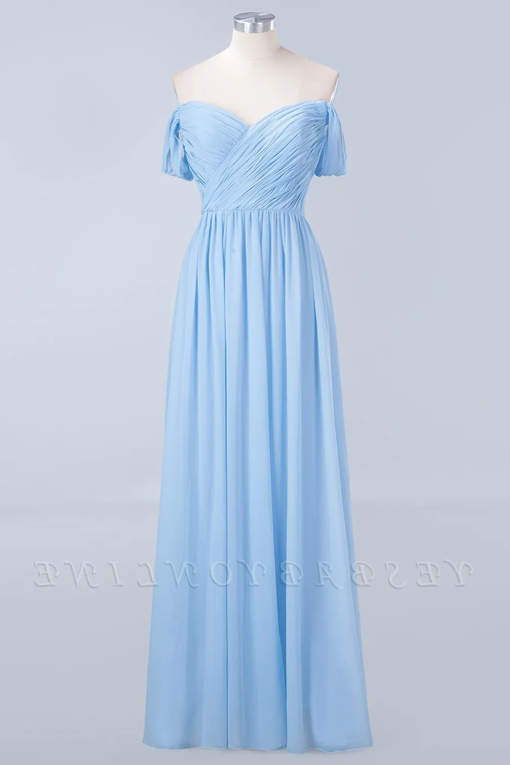 Blue Off the Shoulder Pleated Chiffon Long Bridesmaid Dress