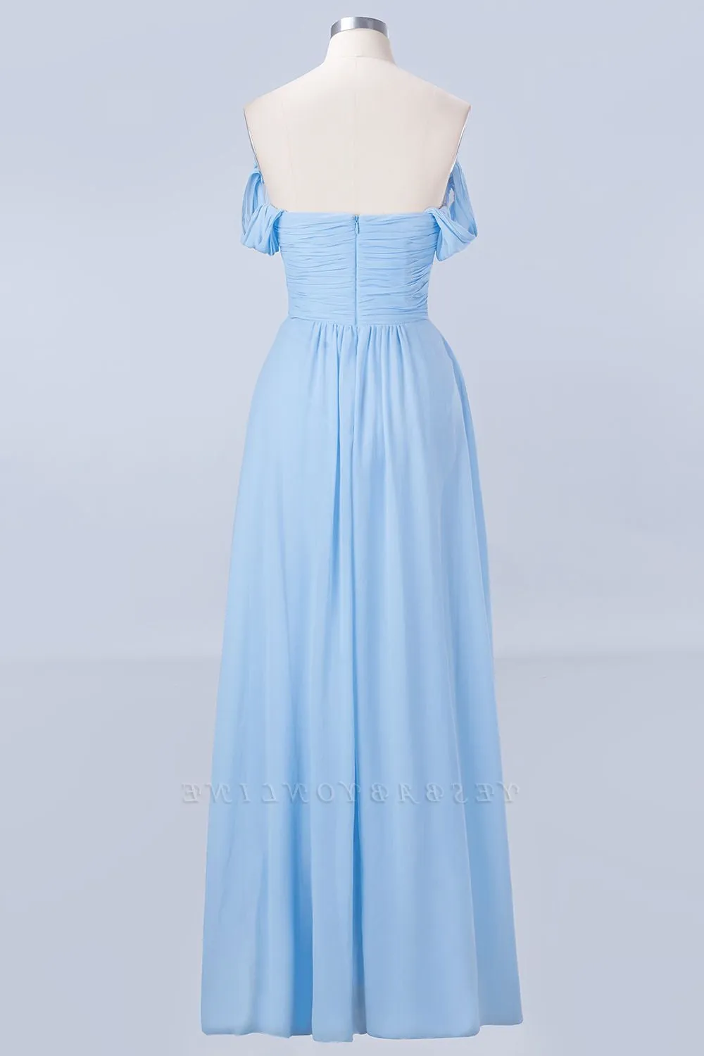 Blue Off the Shoulder Pleated Chiffon Long Bridesmaid Dress