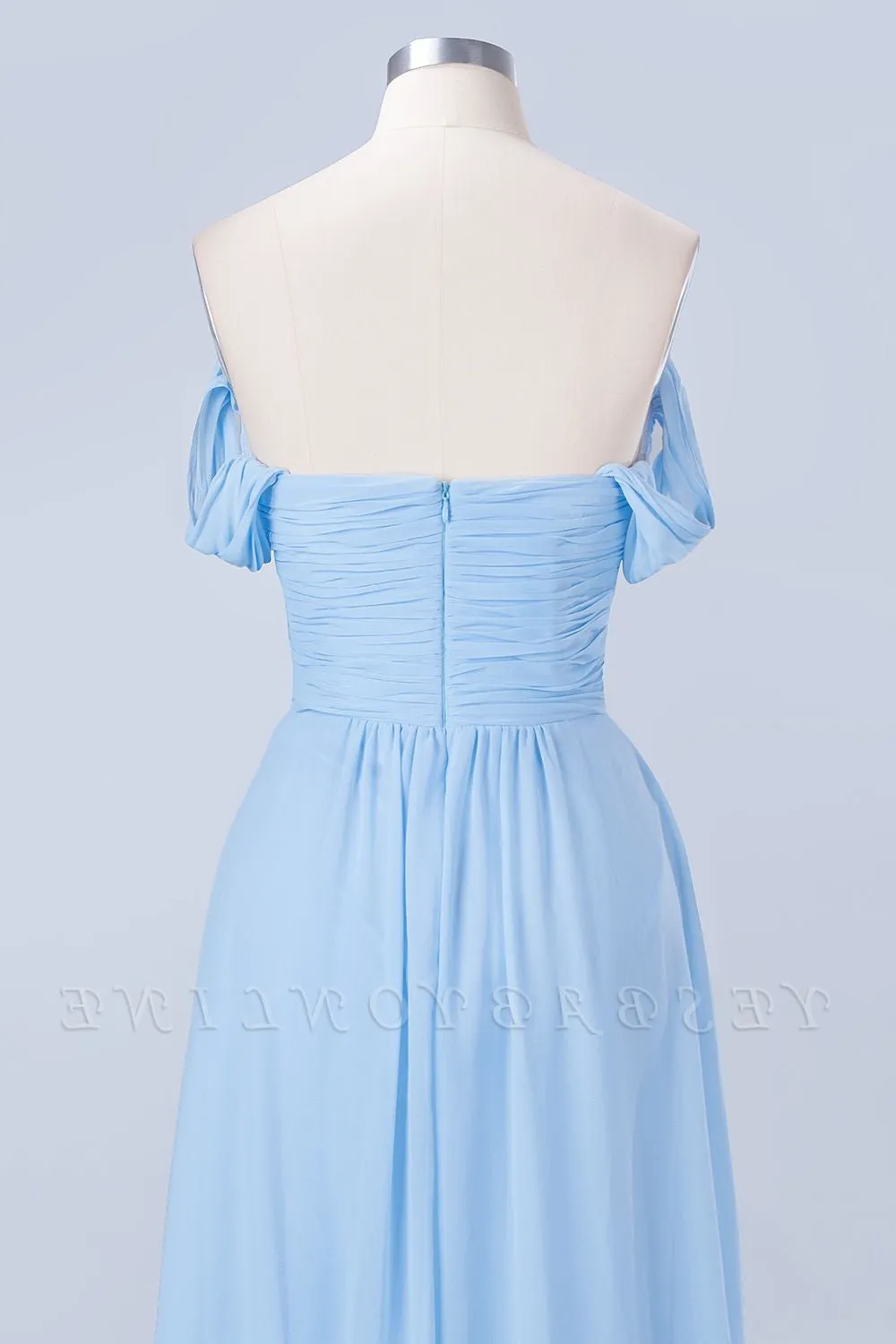 Blue Off the Shoulder Pleated Chiffon Long Bridesmaid Dress