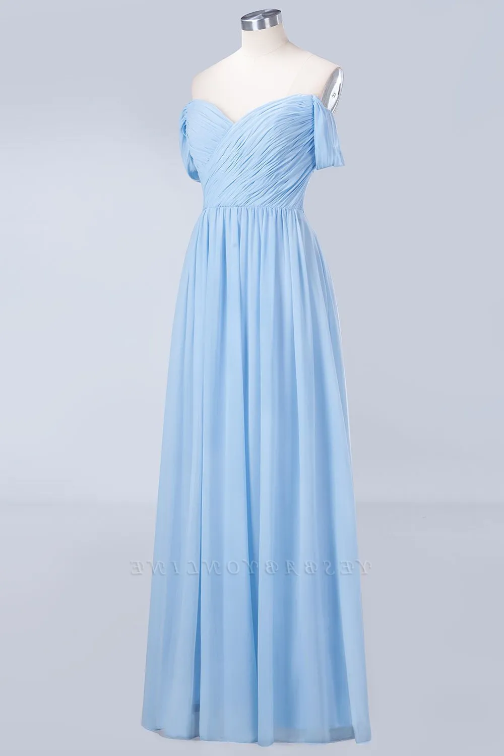 Blue Off the Shoulder Pleated Chiffon Long Bridesmaid Dress