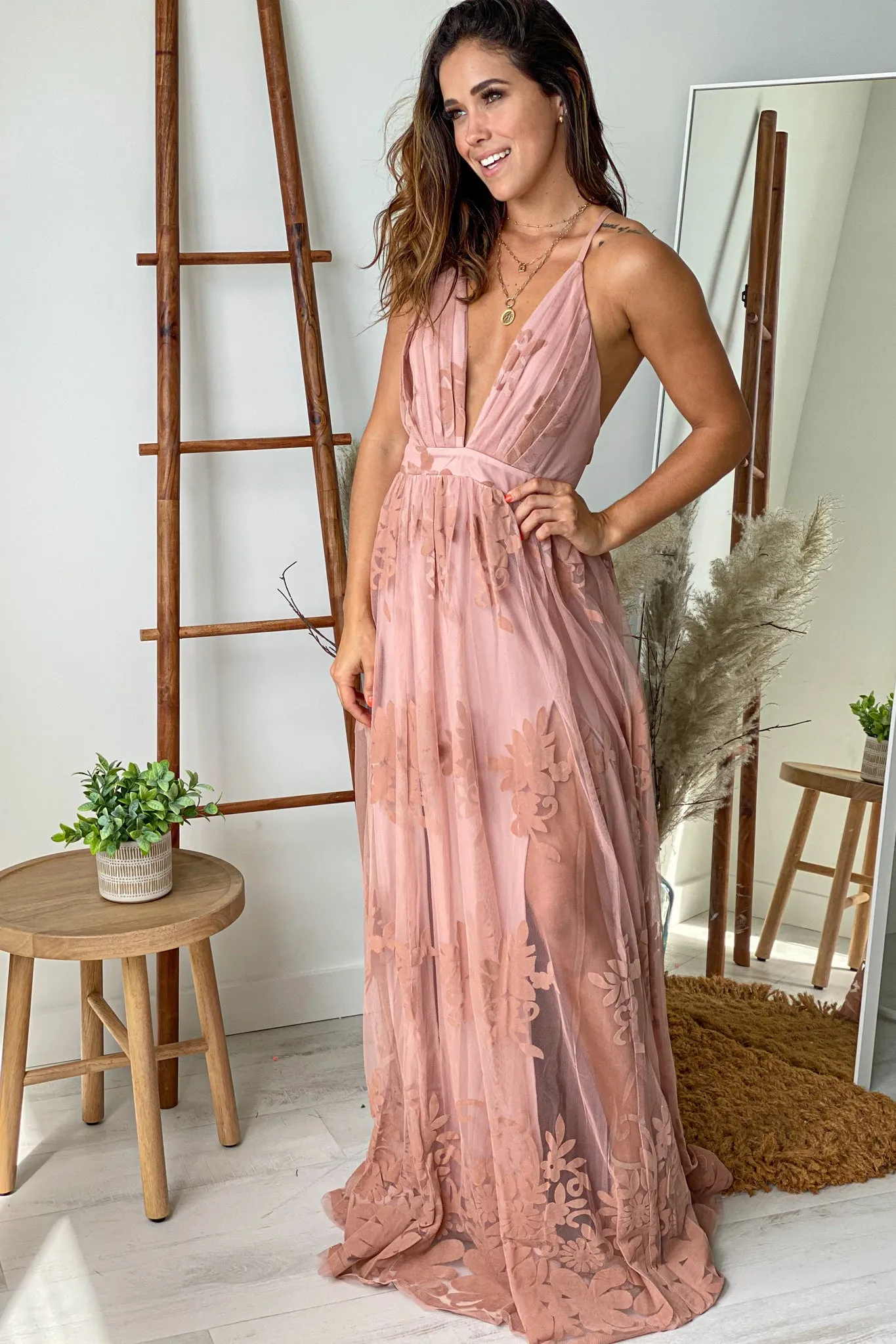 Blush Floral Tulle Maxi Dress with Criss Cross Back