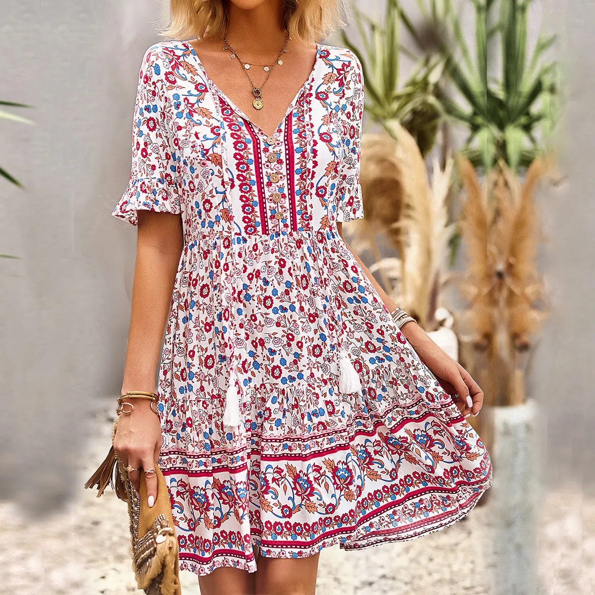 Bohemian Bell Sleeve Print Simple Fringe Dress Wholesale Dresses