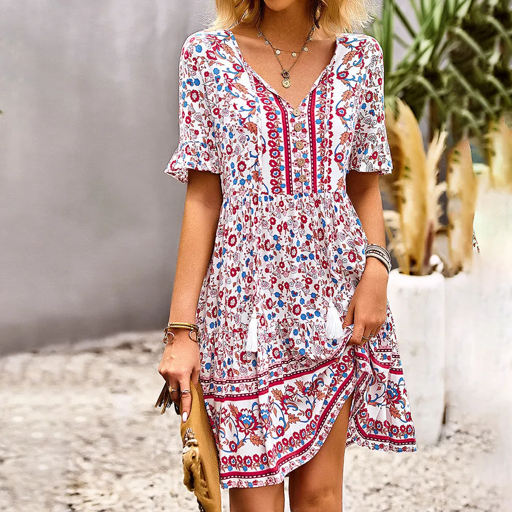 Bohemian Bell Sleeve Print Simple Fringe Dress Wholesale Dresses