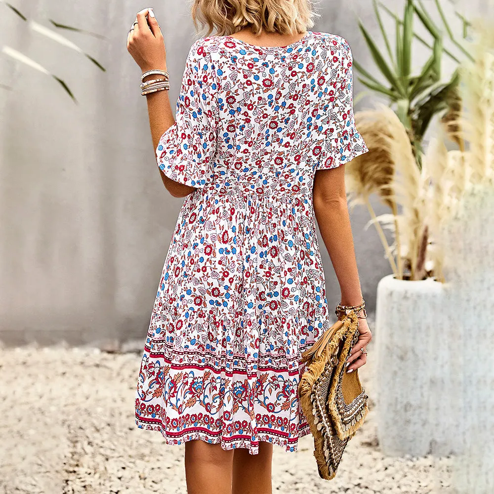 Bohemian Bell Sleeve Print Simple Fringe Dress Wholesale Dresses