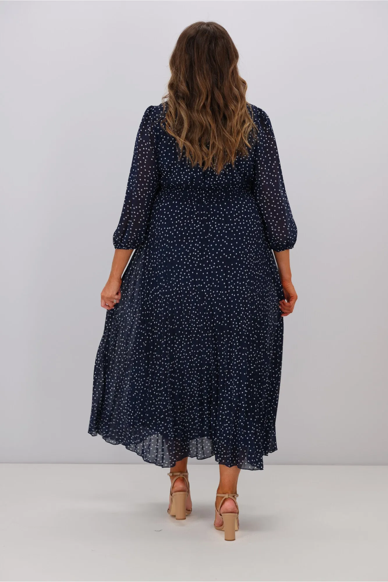 Boho Australia Holly Pleated Midi Dress Navy White Dot