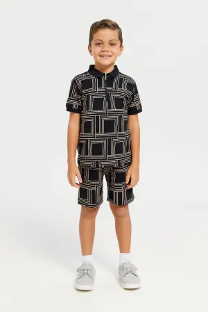 Boys Black Printed T-Shirt With Shorts Set (2 Piece)