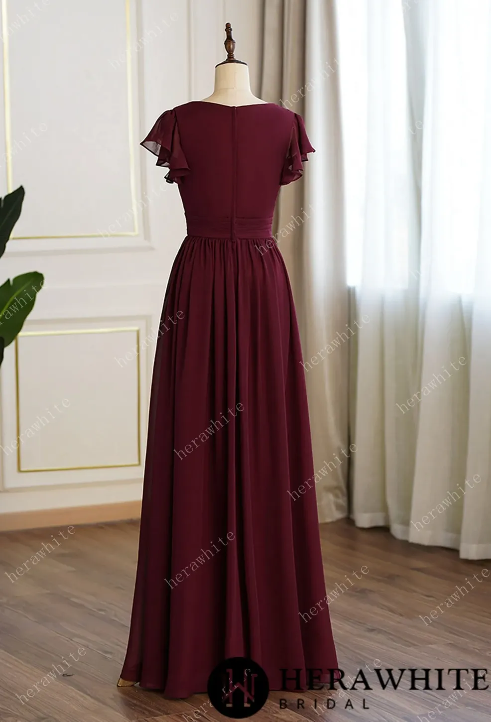 Bridesmaid Dresses for Long Modest V Neck Chiffon Dress with Short Sleeves