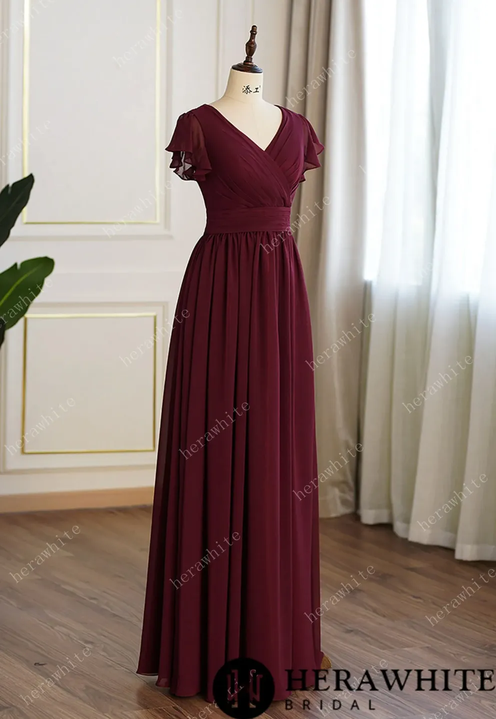 Bridesmaid Dresses for Long Modest V Neck Chiffon Dress with Short Sleeves