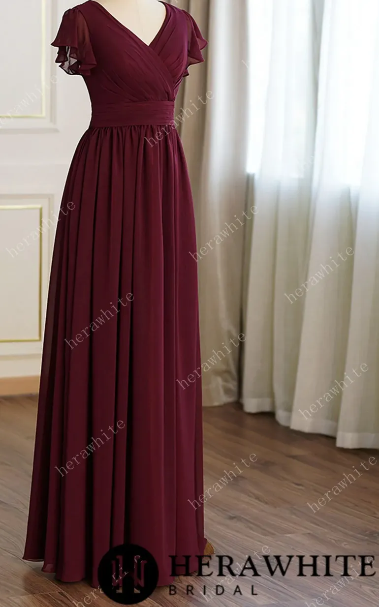 Bridesmaid Dresses for Long Modest V Neck Chiffon Dress with Short Sleeves