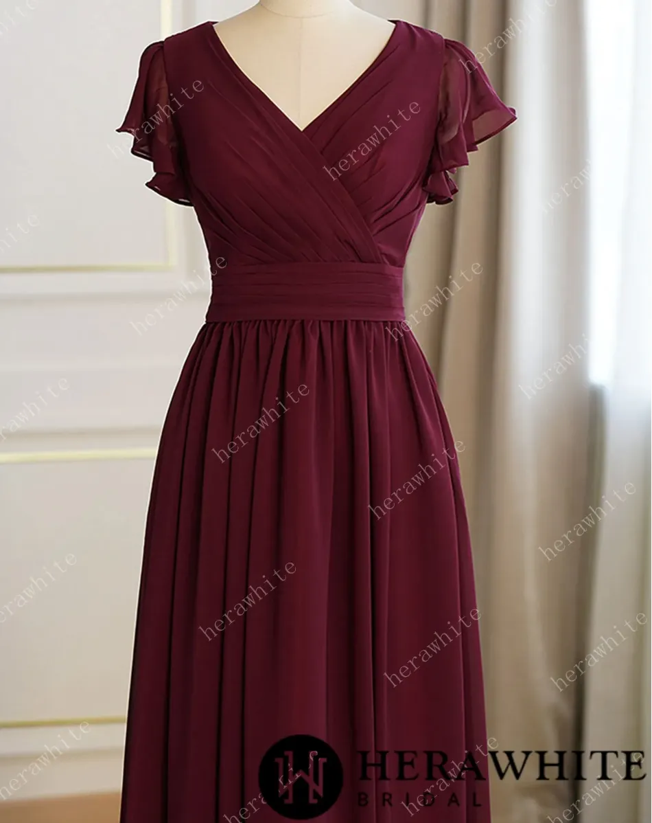 Bridesmaid Dresses for Long Modest V Neck Chiffon Dress with Short Sleeves