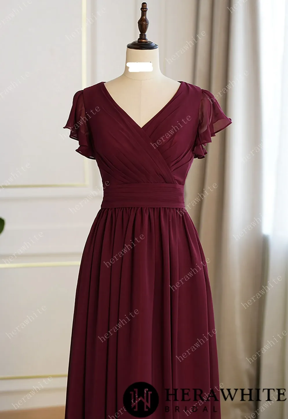 Bridesmaid Dresses for Long Modest V Neck Chiffon Dress with Short Sleeves