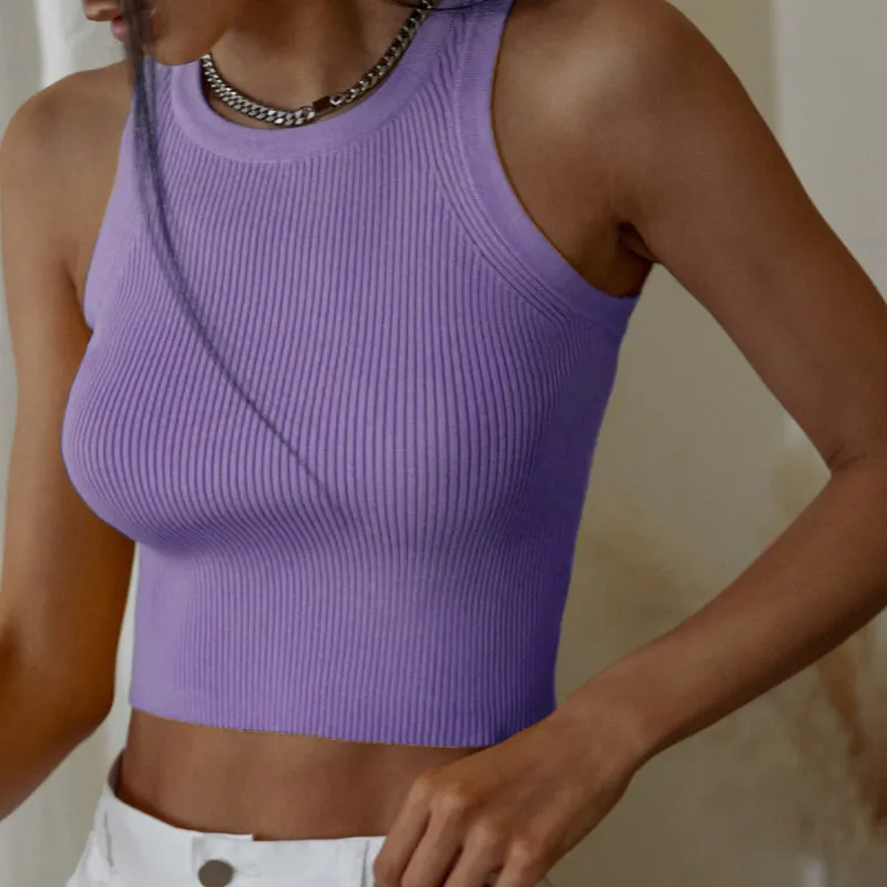 Casual Basic Summer Knitted Sleeveless Crop Tops