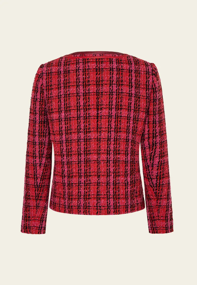 Checkered Concealed-fastening Patch-pocket Tweed Jacket