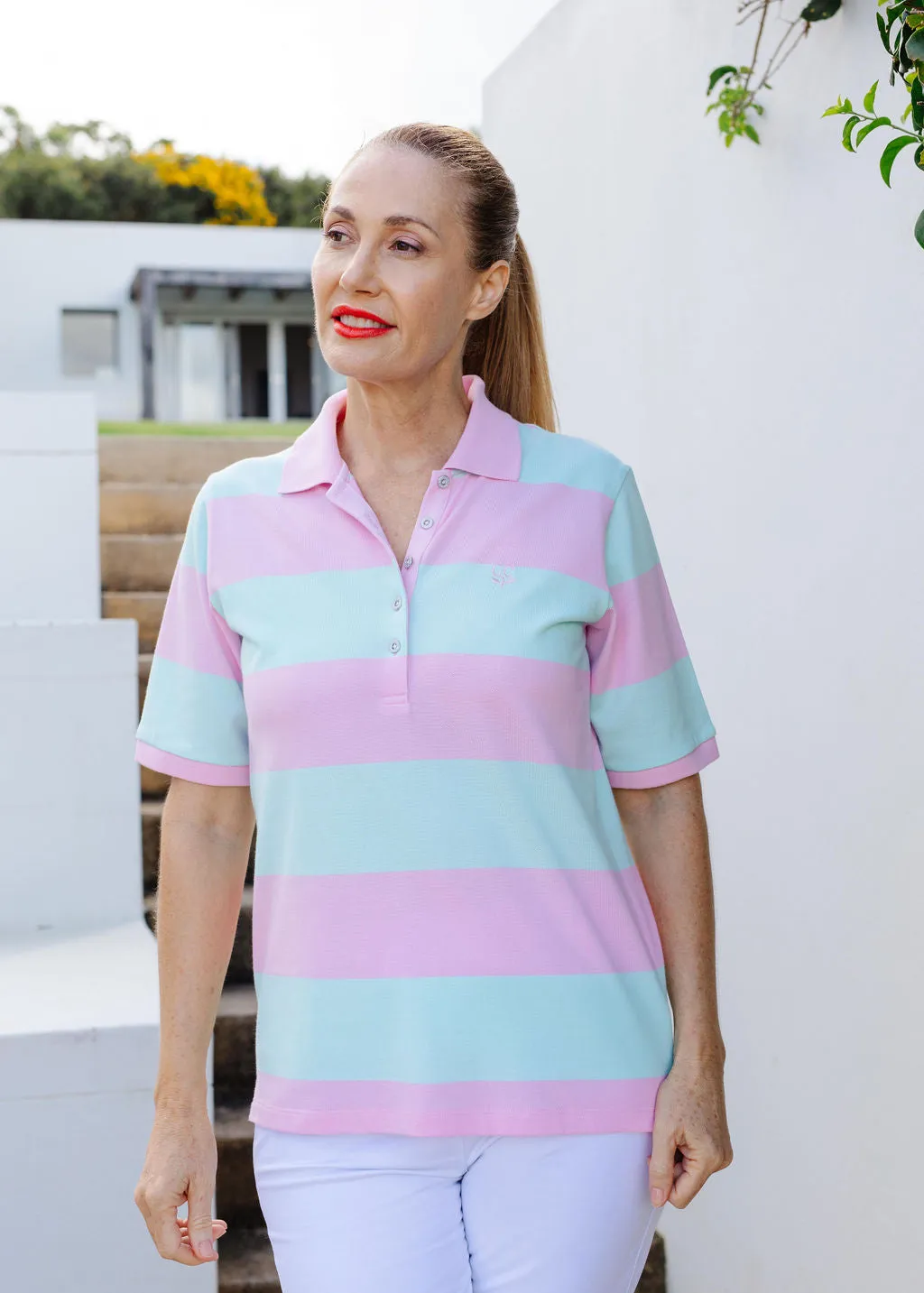 Cotton Striped Classic Fit Polo Pale Pink/Aqua