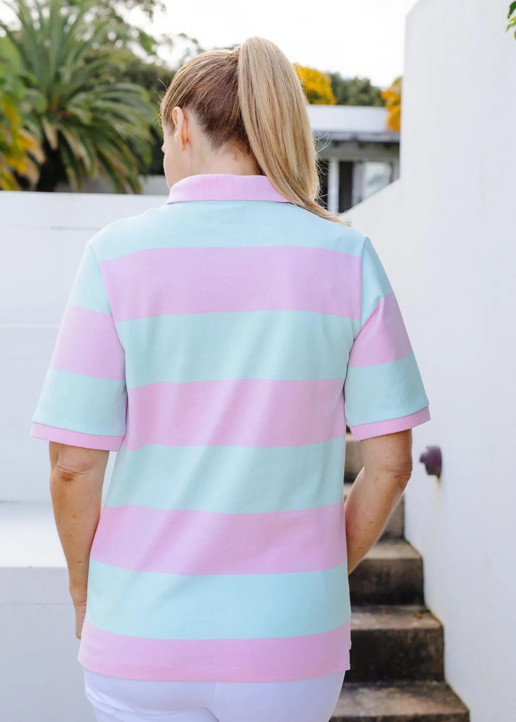 Cotton Striped Classic Fit Polo Pale Pink/Aqua