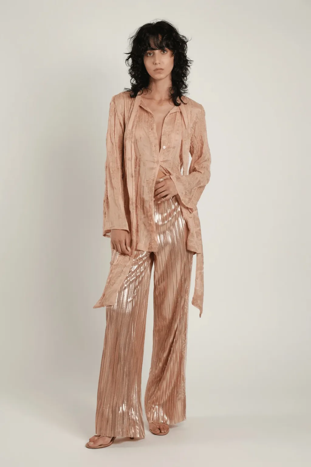 Dahlia Pleated Long Sleeved Top W. Tie Front Creme Latte Silk