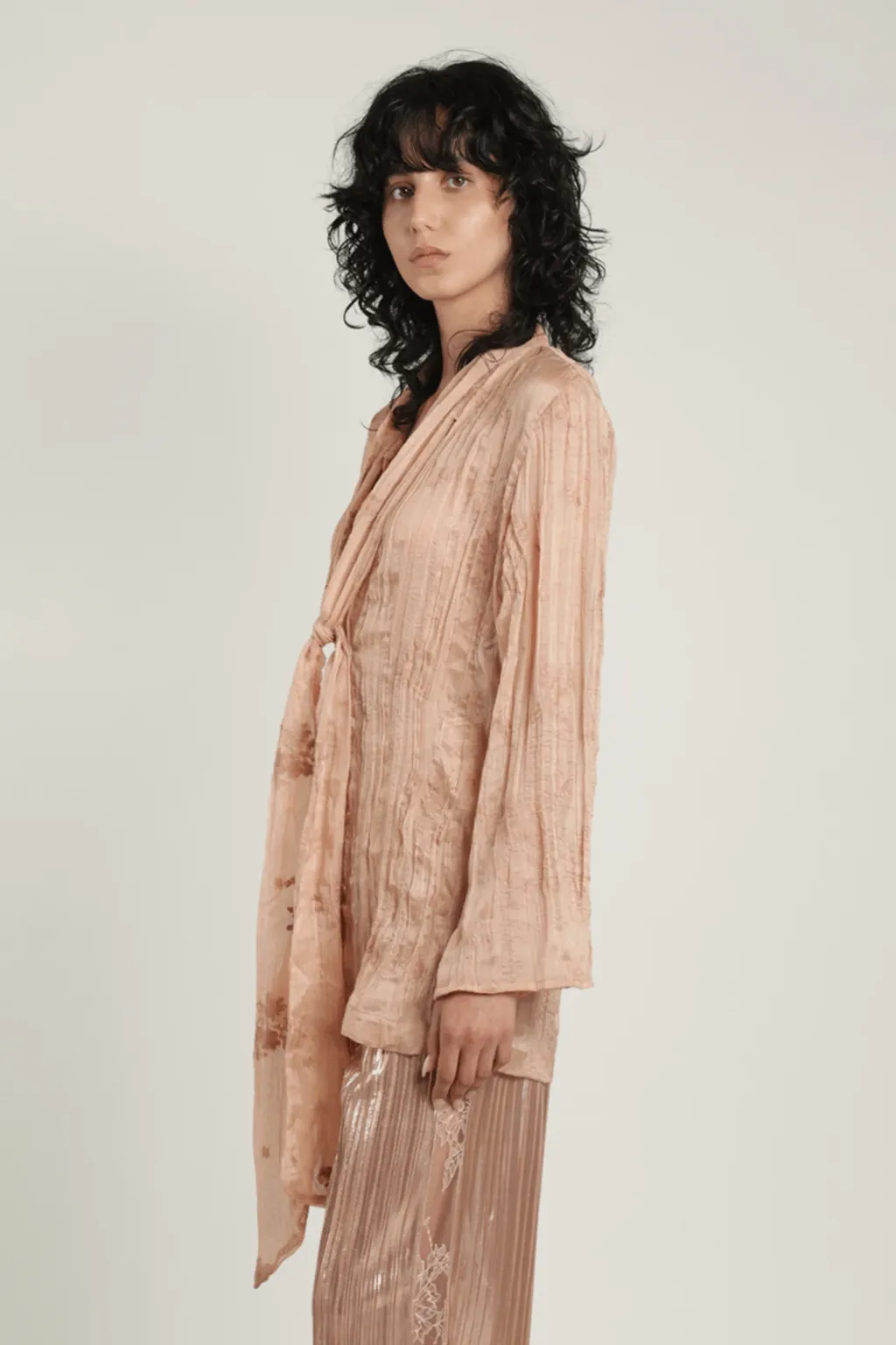 Dahlia Pleated Long Sleeved Top W. Tie Front Creme Latte Silk