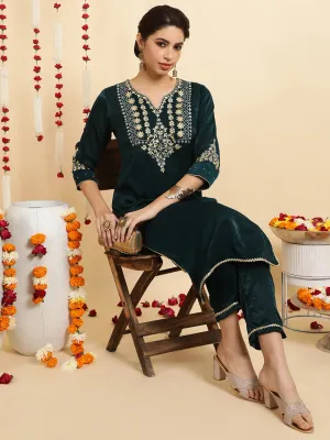 Dark Green Embroidered Velvet Kurta With Pants