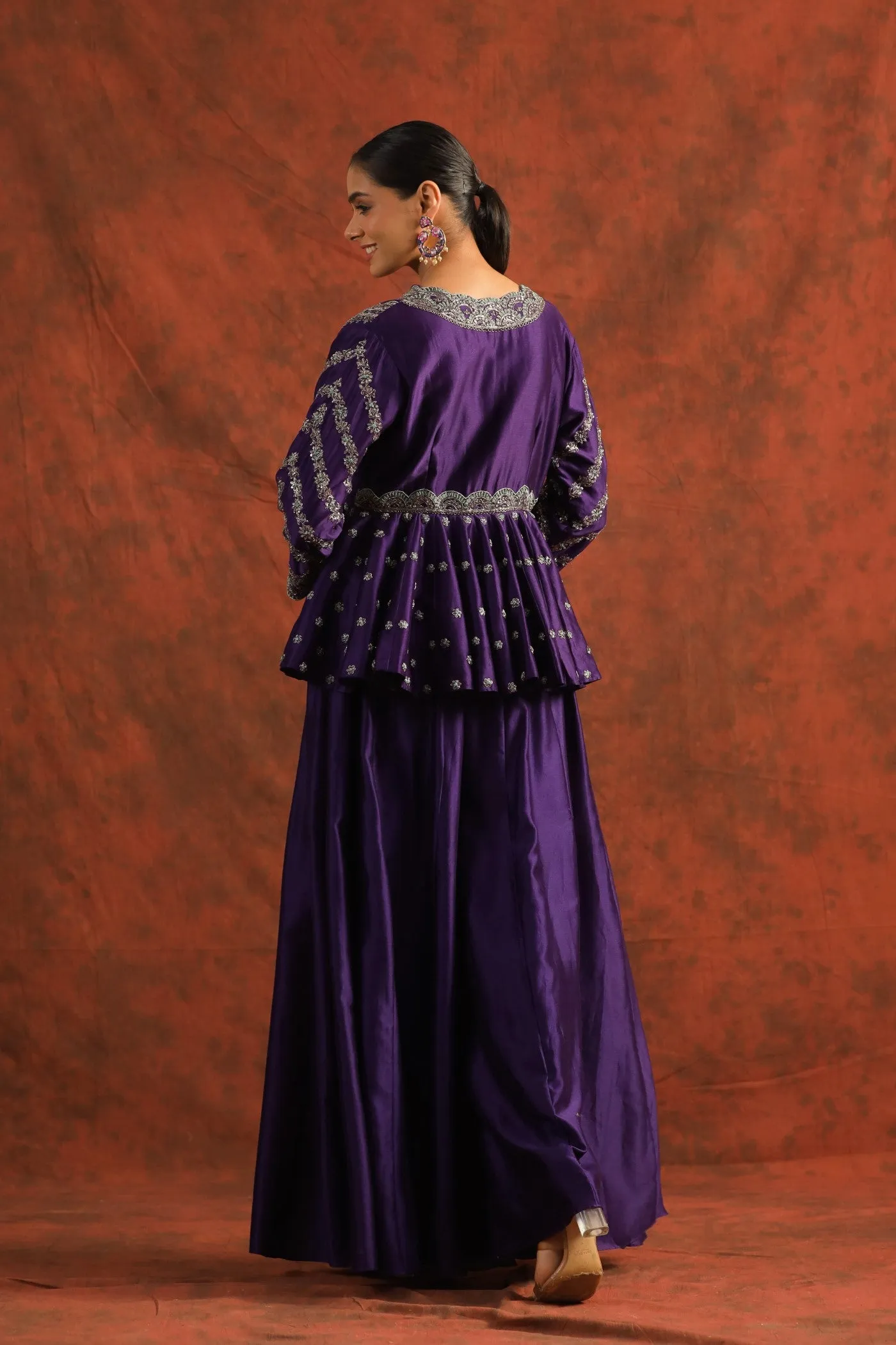 Deep Purple Embroidered Mulberry Silk Peplum with Palazzo