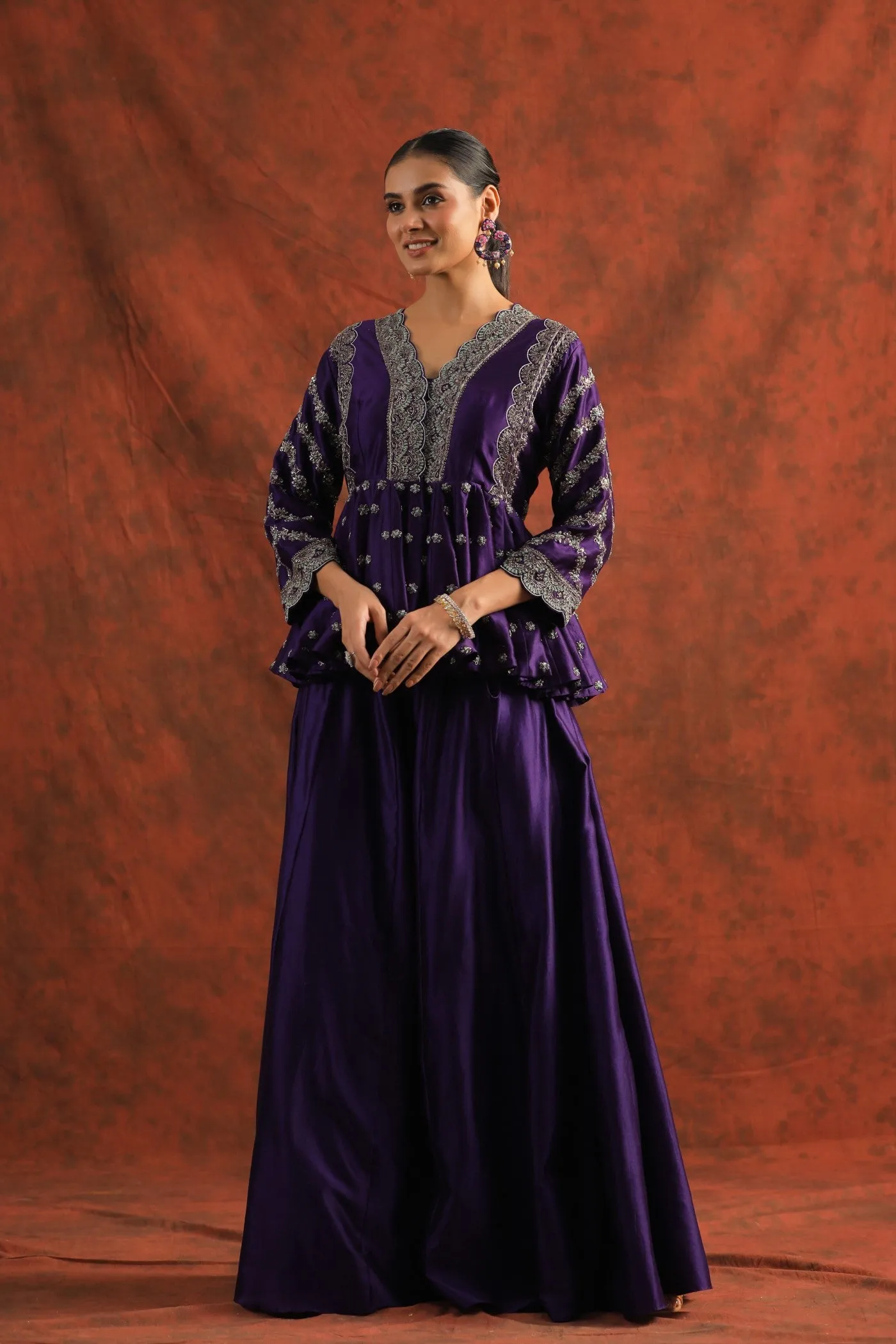 Deep Purple Embroidered Mulberry Silk Peplum with Palazzo