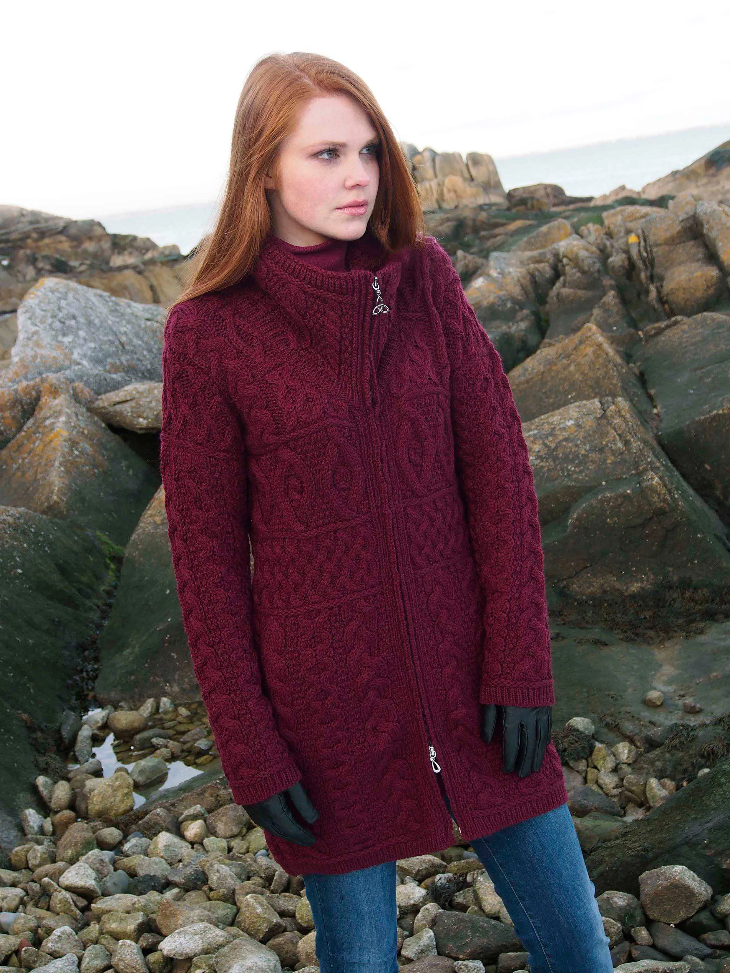 DOUBLE COLLAR MERINO ARAN COAT WITH CELTIC KNOT ZIPPER