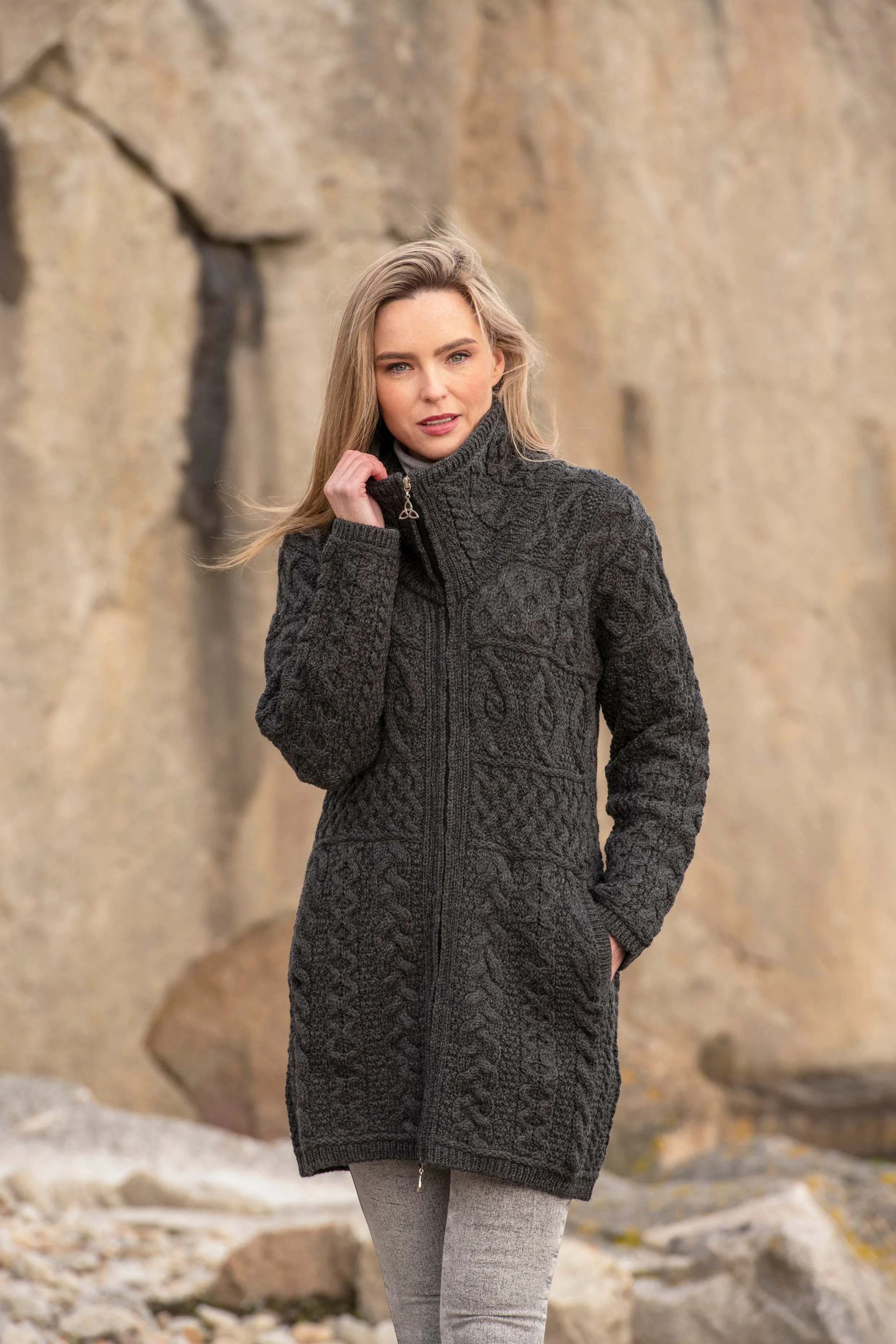 DOUBLE COLLAR MERINO ARAN COAT WITH CELTIC KNOT ZIPPER