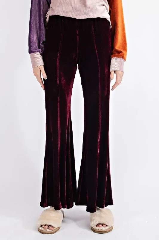 Easel Velvet Wide Bell Bottom Flare Pants - Wine