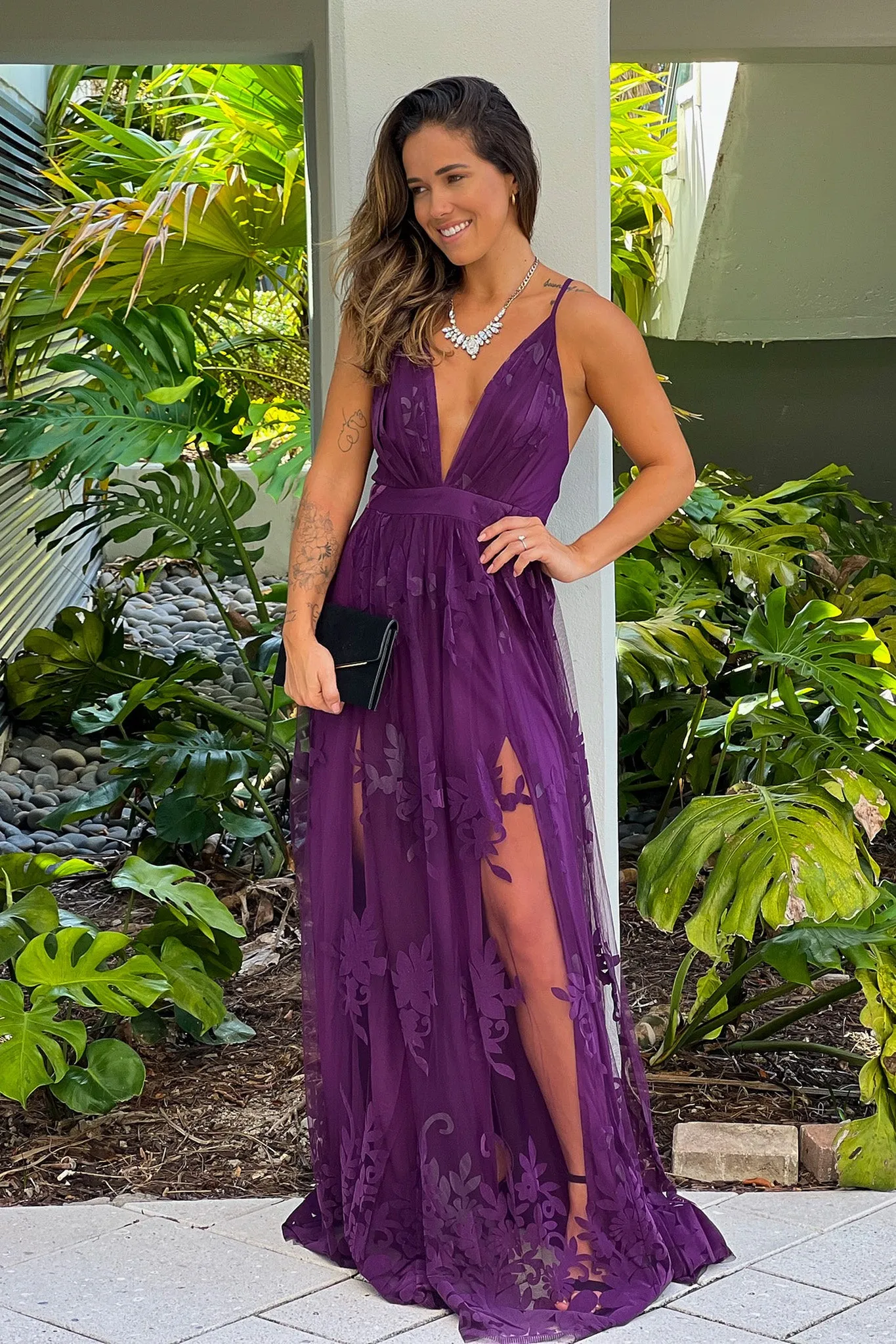 Eggplant Floral Tulle Maxi Dress With Criss Cross Back