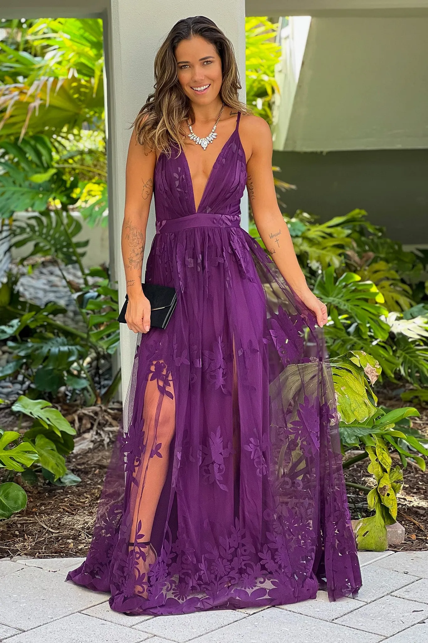 Eggplant Floral Tulle Maxi Dress With Criss Cross Back