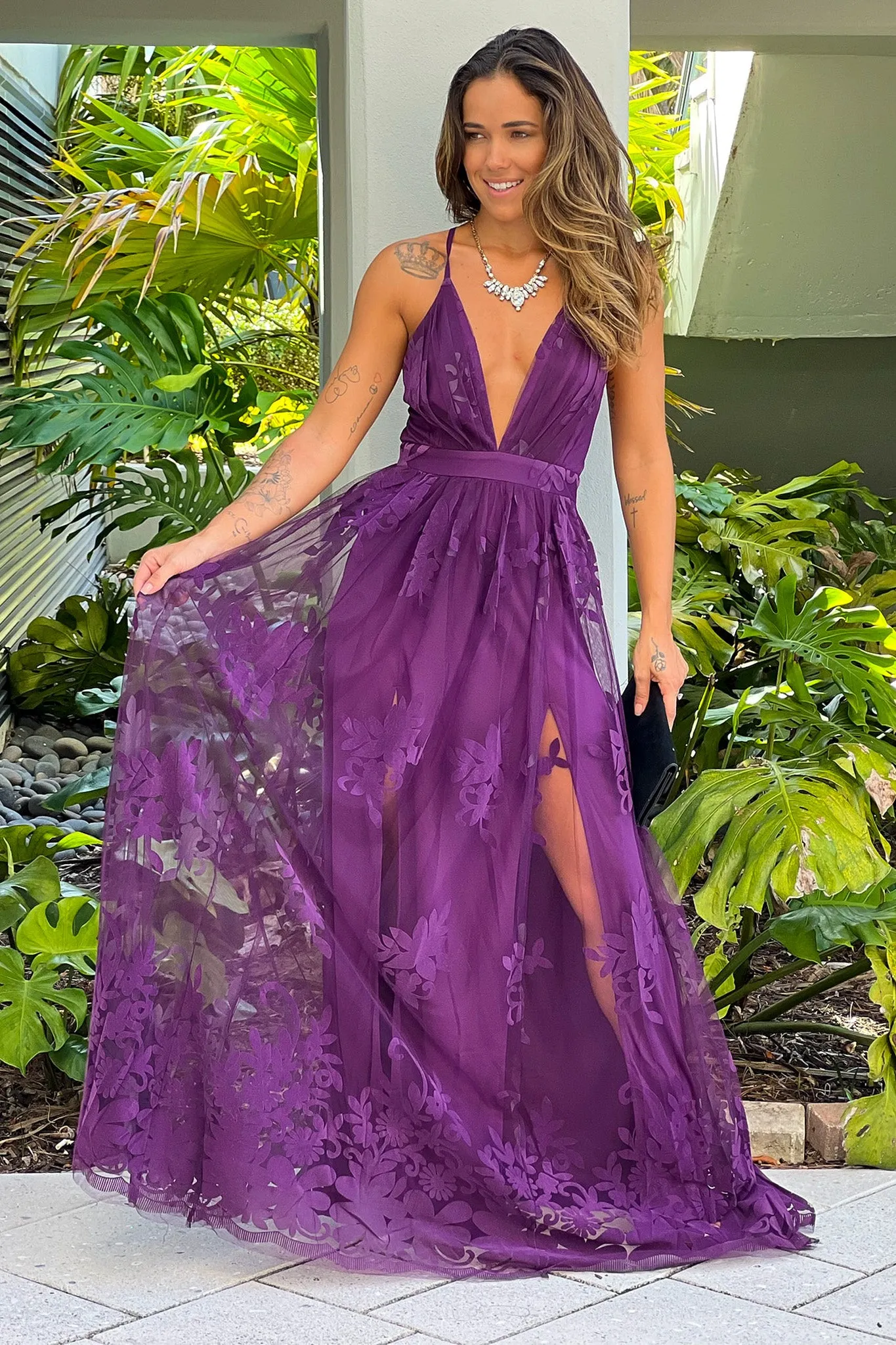 Eggplant Floral Tulle Maxi Dress With Criss Cross Back