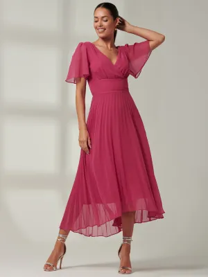 Elene Pleated High Low Chiffon Maxi Dress, Fuchsia Pink