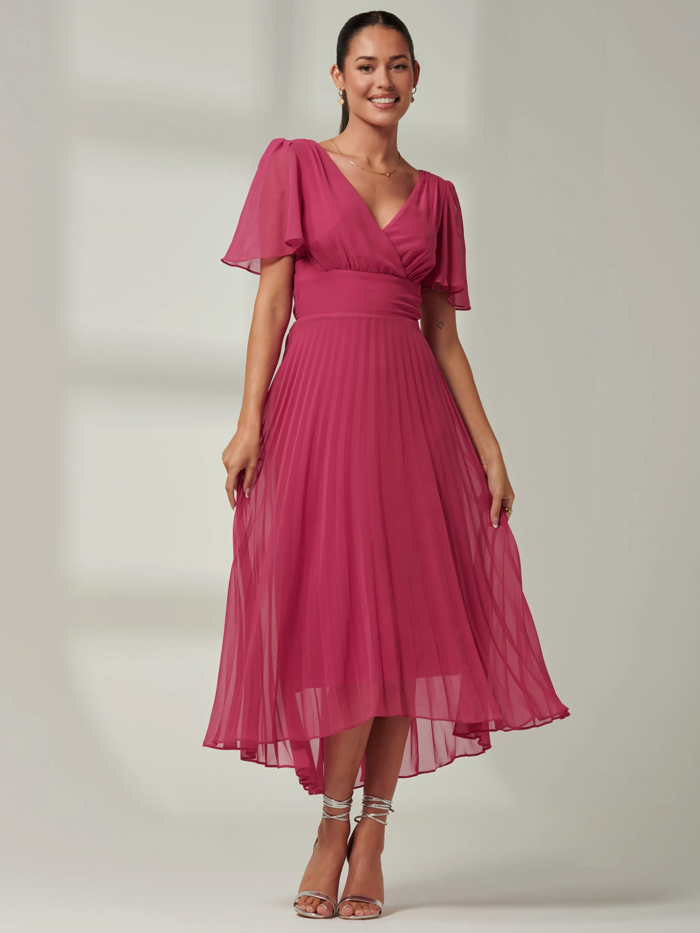 Elene Pleated High Low Chiffon Maxi Dress, Fuchsia Pink